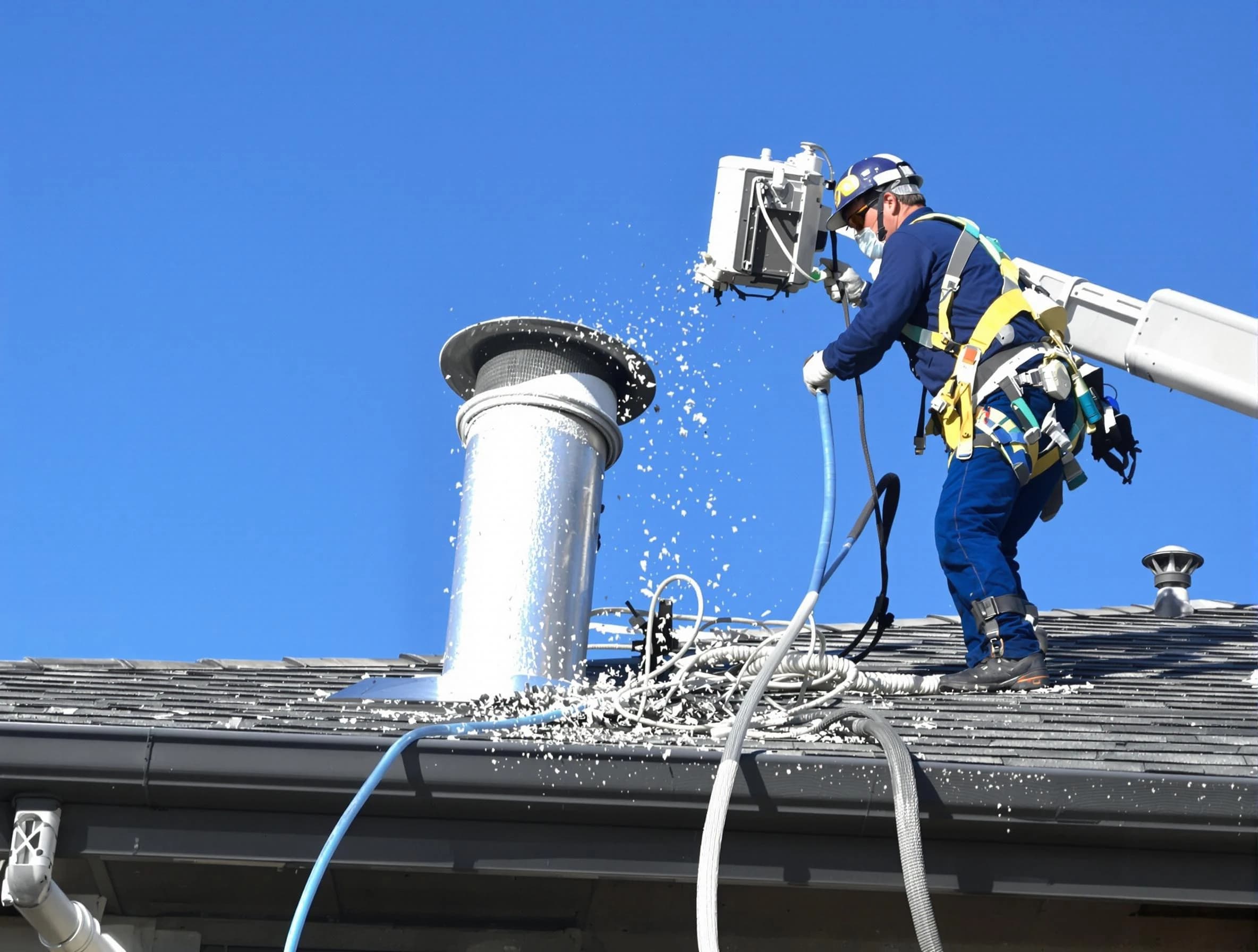 North Strabane Dryer Vent Cleaning certified technician safely cleaning a roof-mounted dryer vent in North Strabane