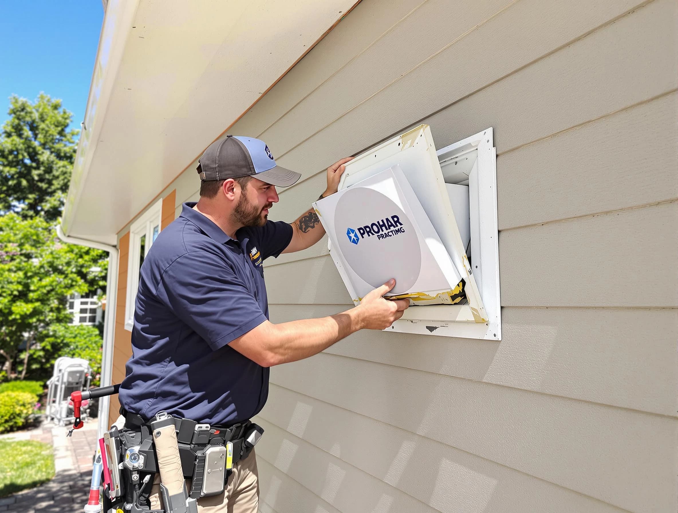 North Strabane Dryer Vent Cleaning technician installing a new protective dryer vent cover on a home in North Strabane